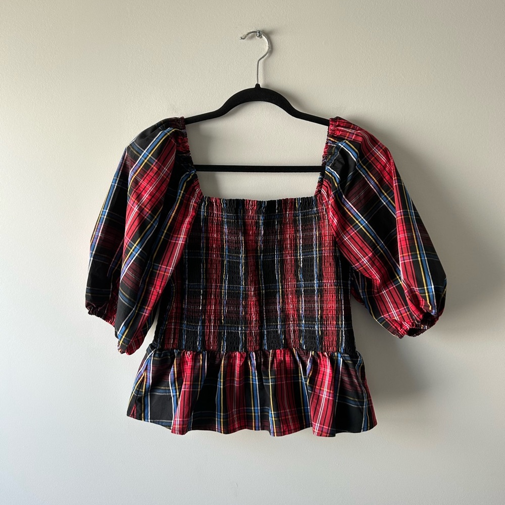Draper James red plaid square neck smocked puff sleeve top